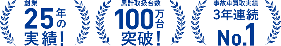 創業25年の実績！ 累計取引台数100万台突破！ 事故車買取実績3年連続No.1